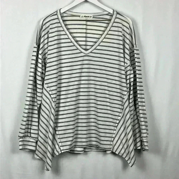 Macaron Women’s Top Light Green & Cream L-XL V-Neck Asymmetrical Raw Seams EUC - Picture 1 of 8
